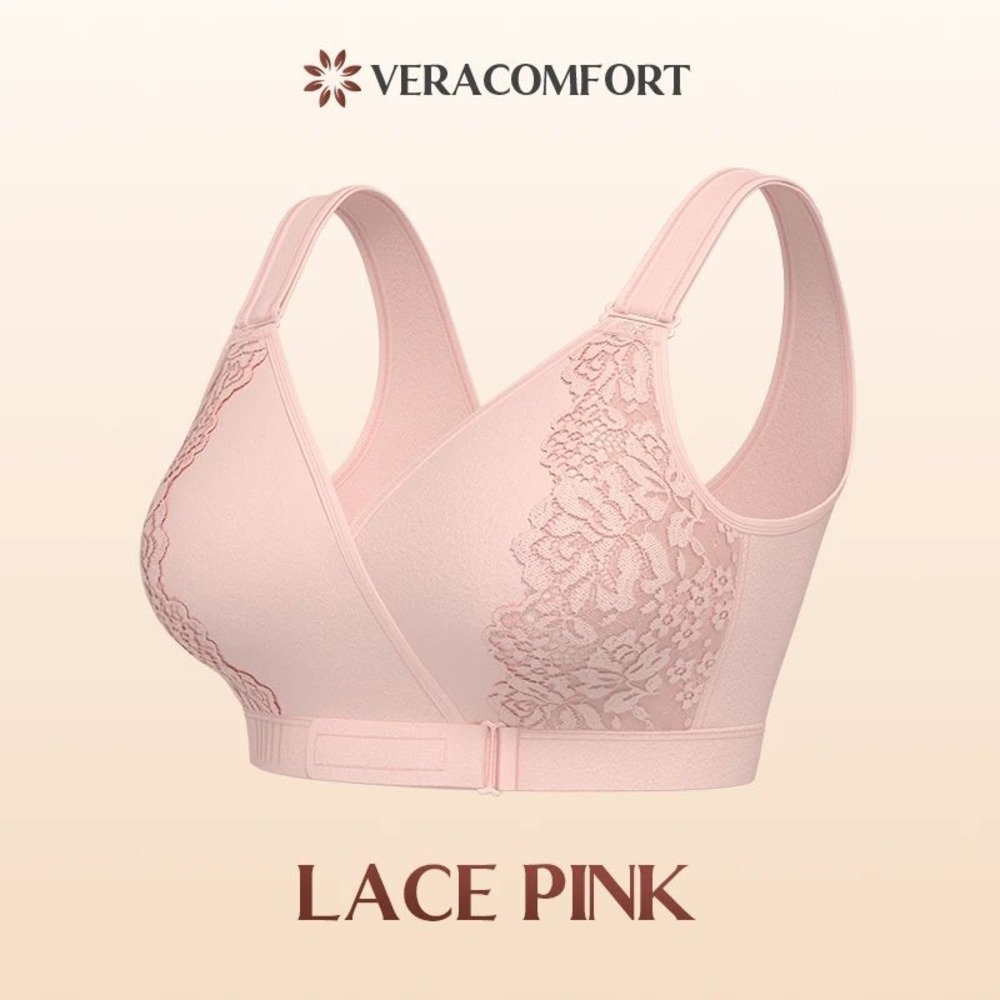 VeraComfort Lace Pink Wireless Bra Front Closure Cotton Blend Size L2 New